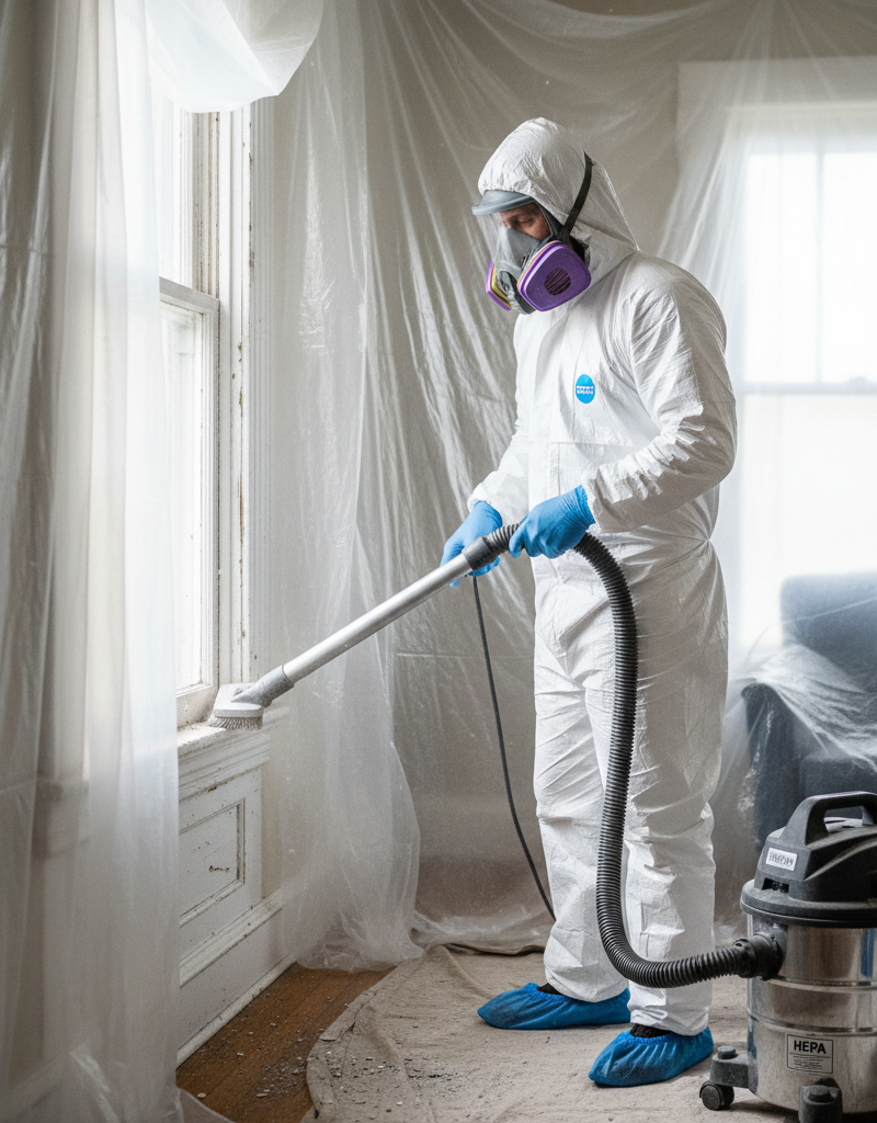Homeowner in PPE using a HEPA vacuum for lead paint dust cleanup
