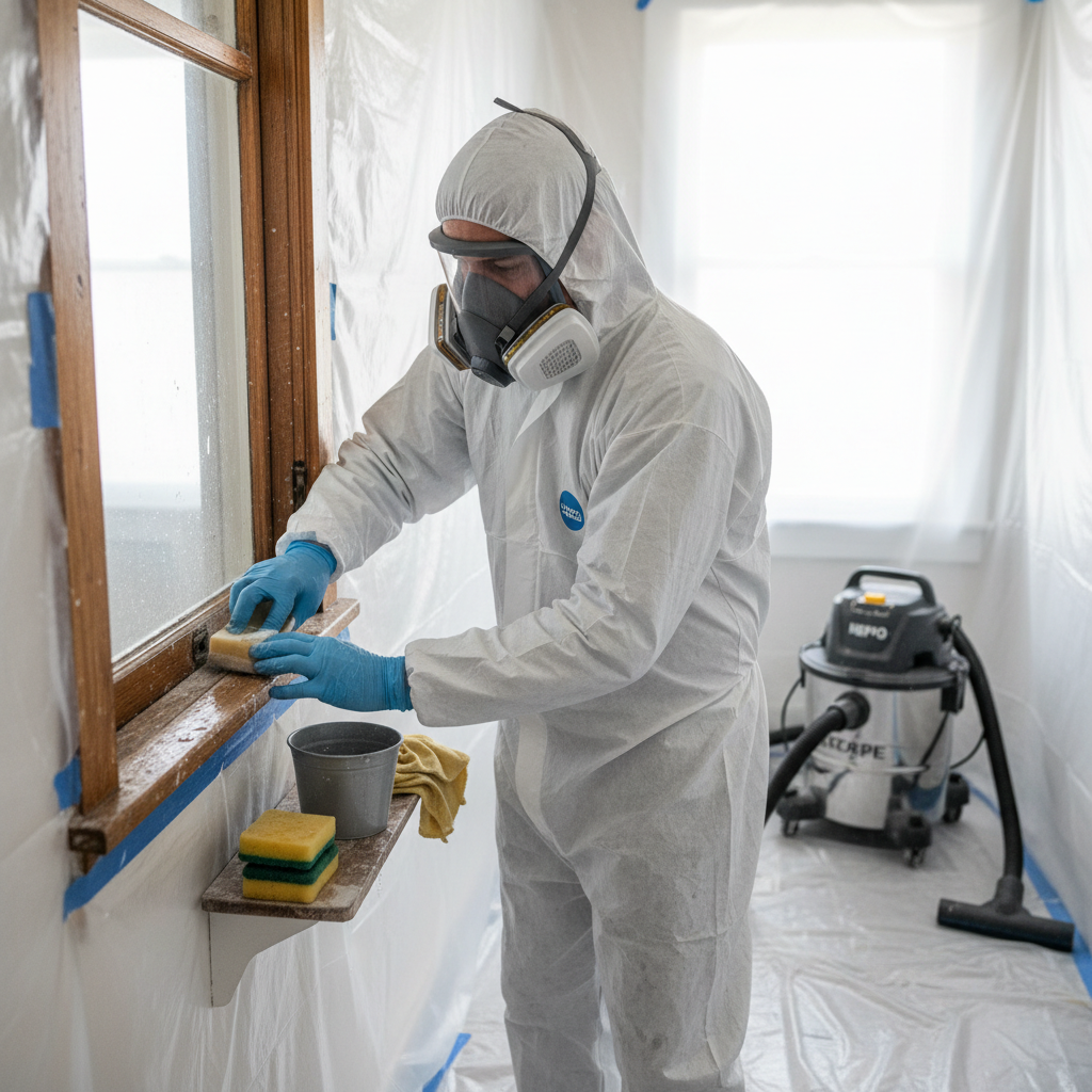 Homeowner safely wet sanding lead paint on a window frame with a respirator and protective gear.