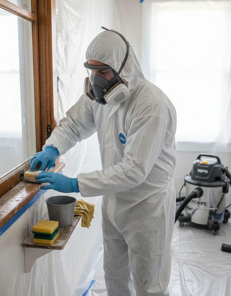 Homeowner safely wet sanding lead paint on a window frame with a respirator and protective gear.