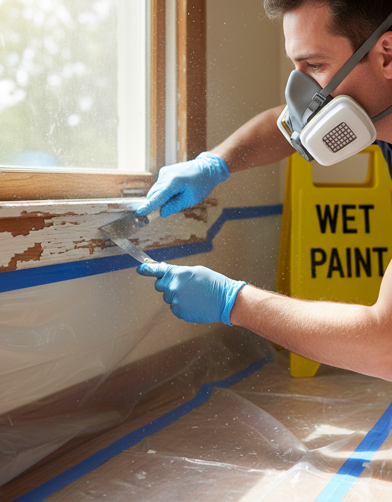 A homeowner scraping old paint with a P100 respirator, gloves, and plastic sheeting on the floor.