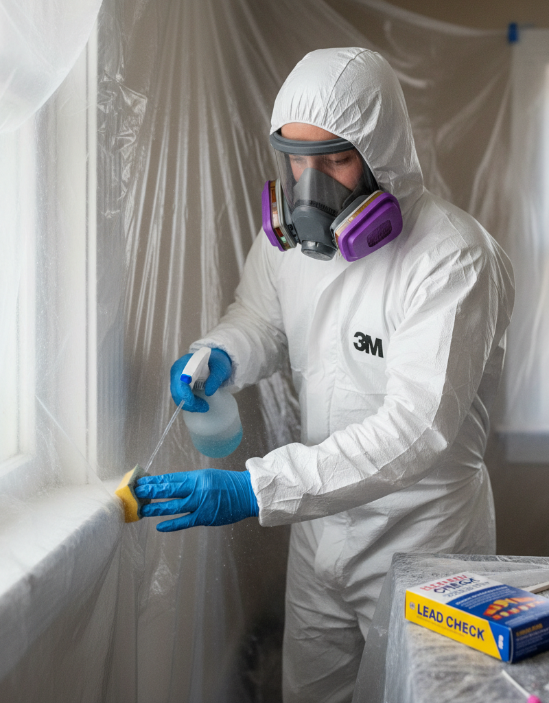 Homeowner in full PPE carefully wet-sanding old lead paint on a window frame.