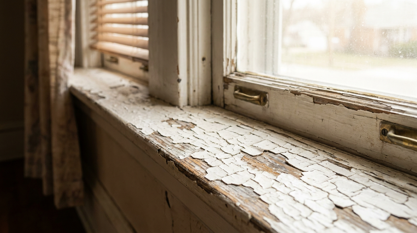 Close-up of cracked and peeling old lead paint on a vintage window sill.