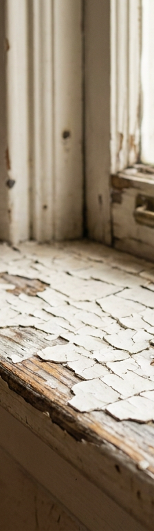 Close-up of cracked and peeling old lead paint on a vintage window sill.
