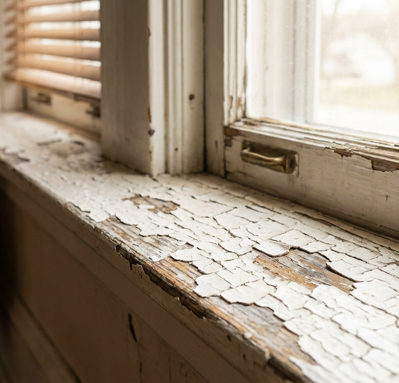 Close-up of cracked and peeling old lead paint on a vintage window sill.