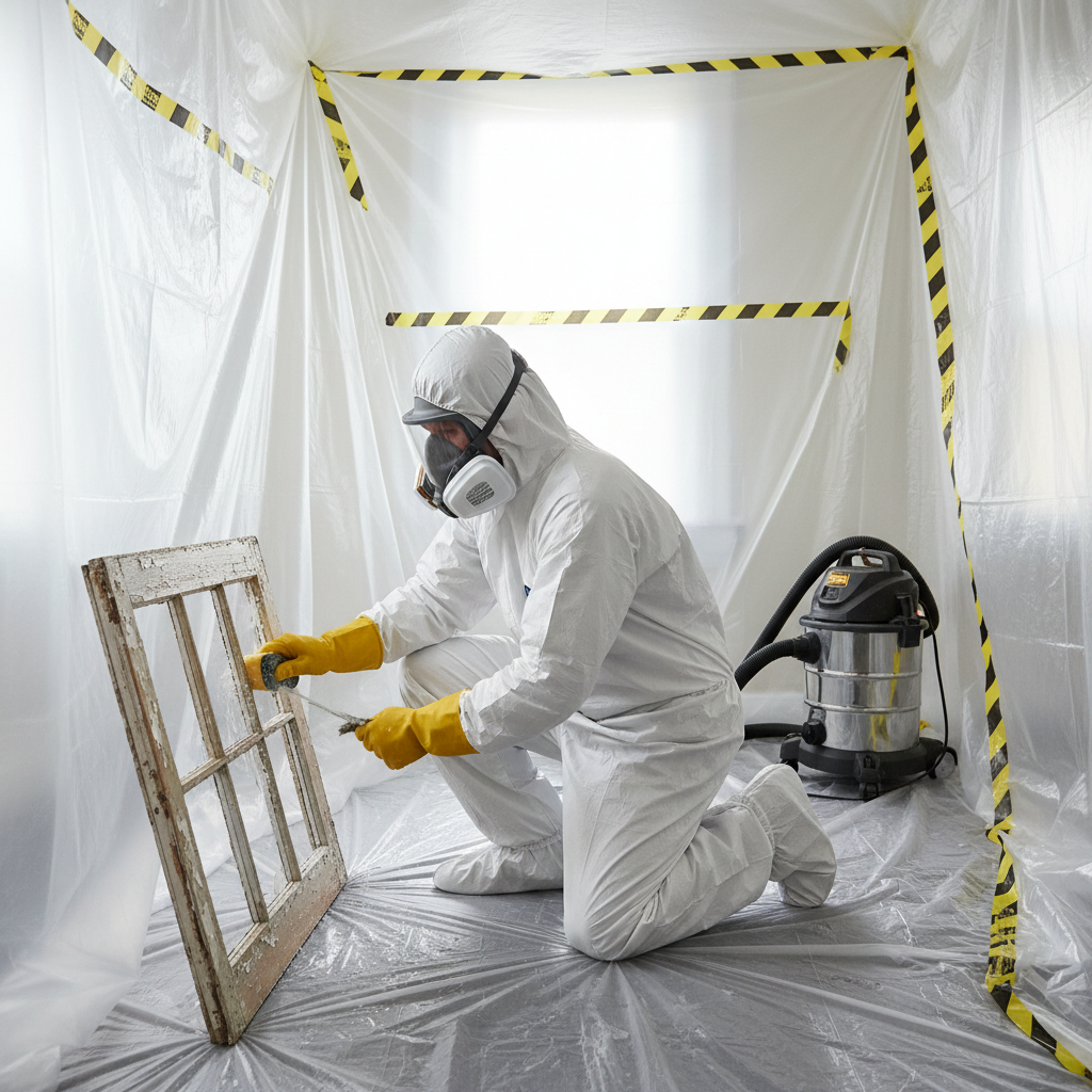 Homeowner in PPE wet-sanding a window frame to safely remove lead paint.