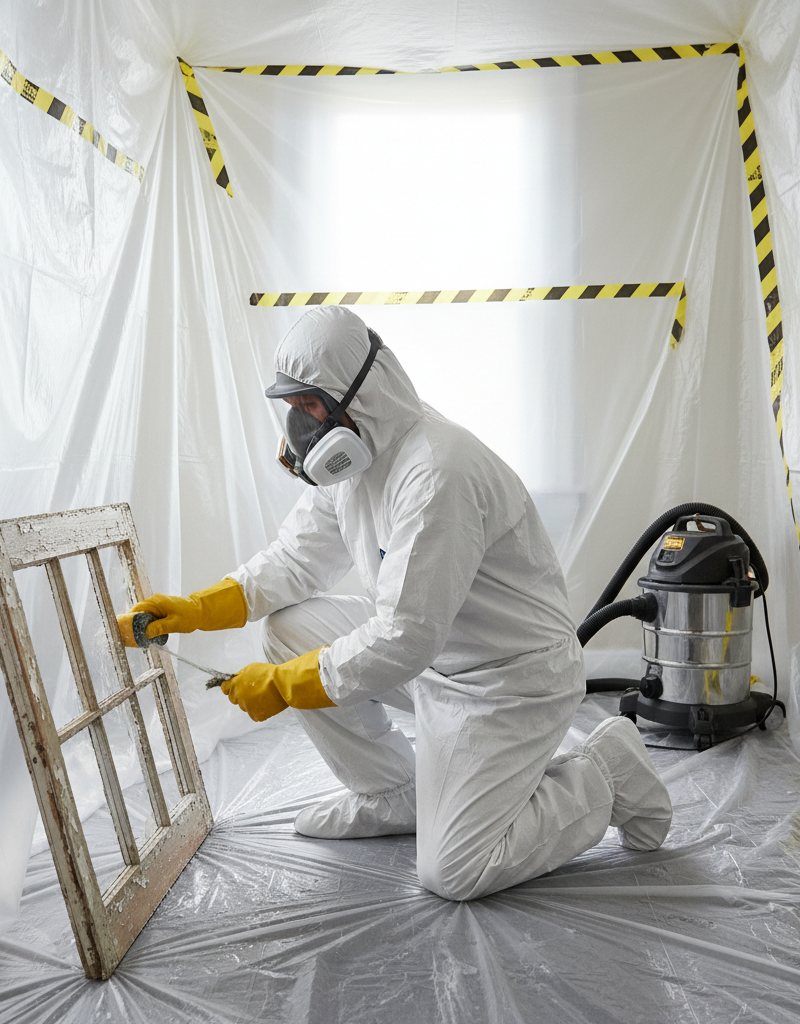 Homeowner in PPE wet-sanding a window frame to safely remove lead paint.