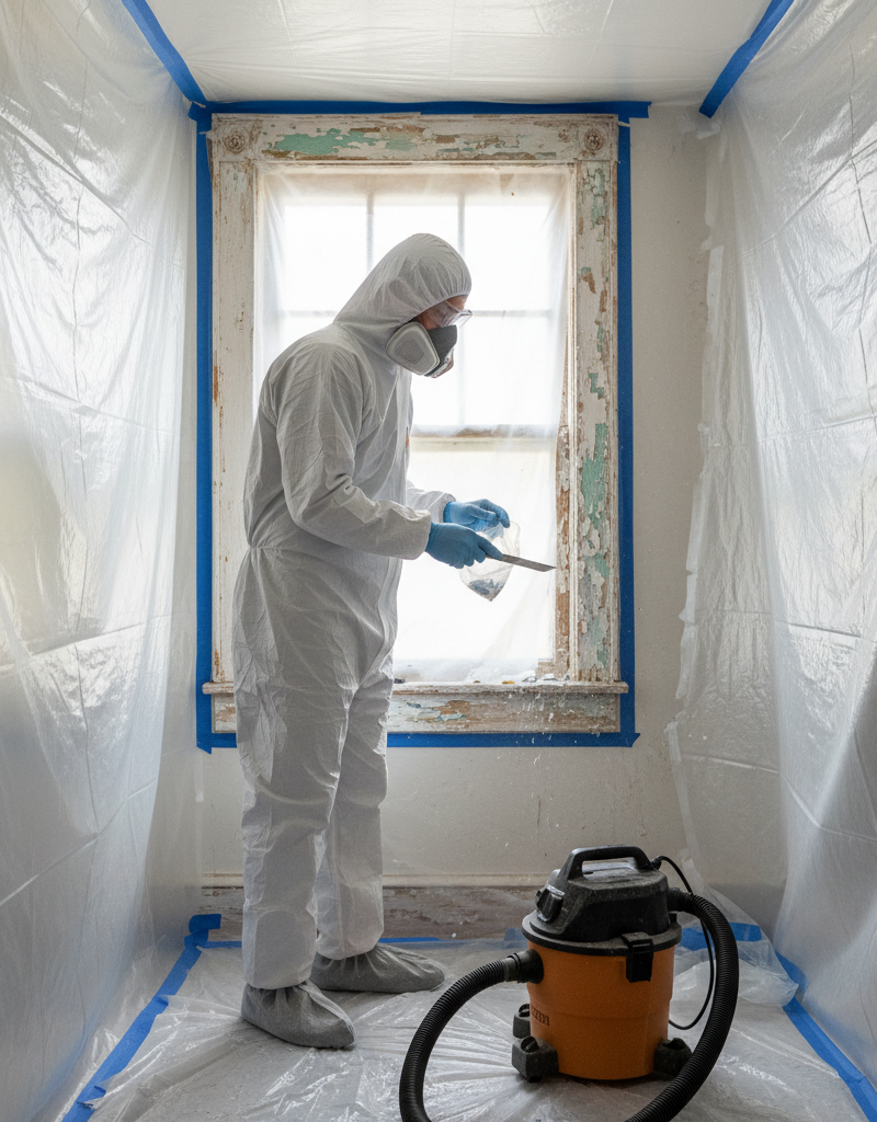 Homeowner in hazmat suit scraping lead paint from window frame, sealed with plastic.