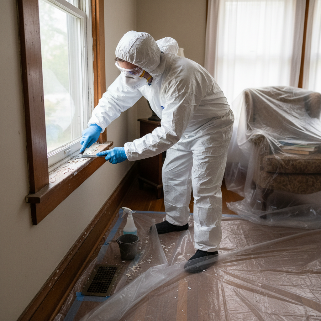 Homeowner in PPE safely wet scraping peeling lead paint from an old window sill