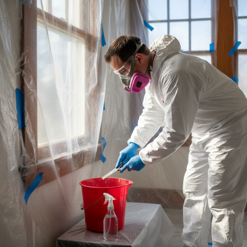Homeowner in full PPE wet-scraping lead paint from old window frame, work area sealed with plastic.