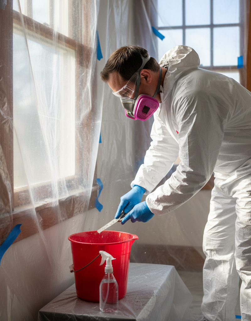 Homeowner in full PPE wet-scraping lead paint from old window frame, work area sealed with plastic.