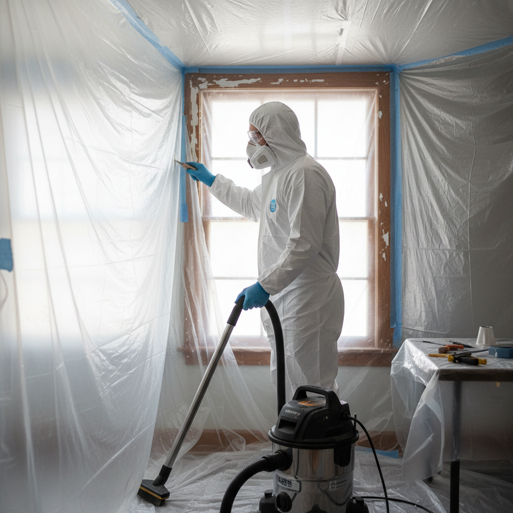 Homeowner in PPE carefully scraping lead paint from a window frame, with a contained work area.