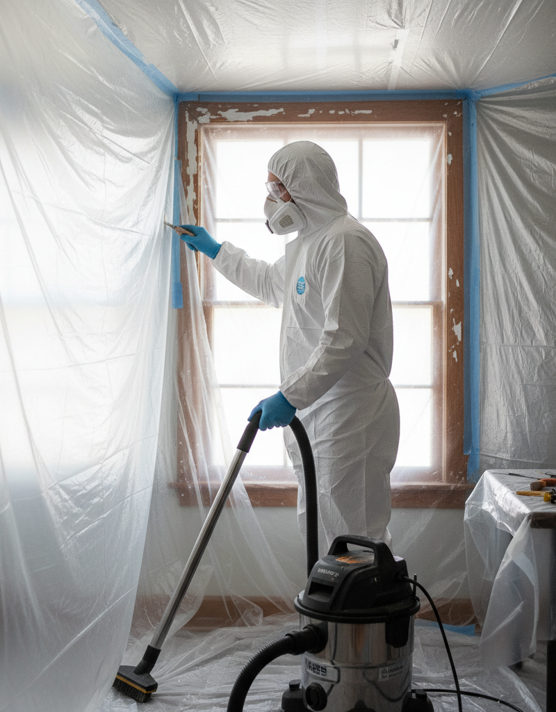Homeowner in PPE carefully scraping lead paint from a window frame, with a contained work area.