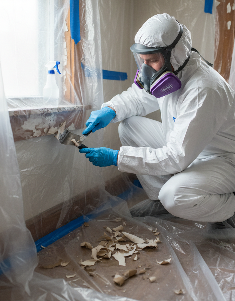 Homeowner in PPE carefully wet scraping old paint from a window frame with plastic sheeting containment for lead safety.