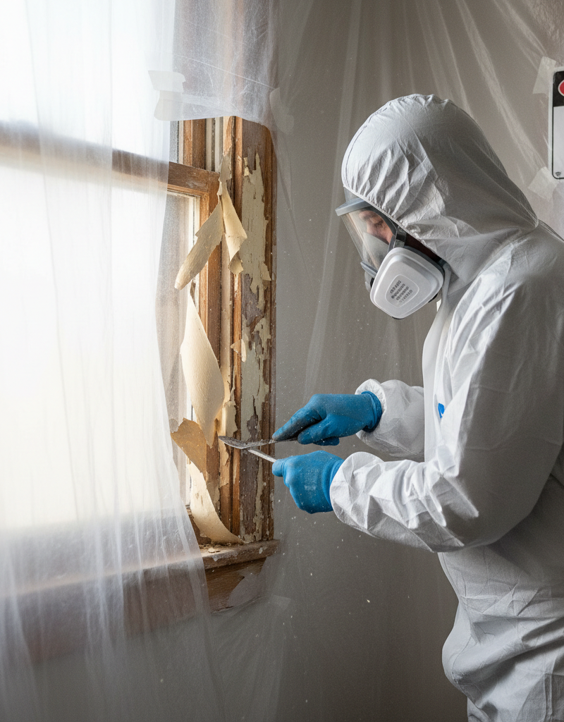 Homeowner in hazmat suit safely removing lead paint from a window frame.