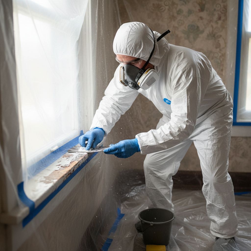 Homeowner in PPE wet sanding lead paint on a window sill in a pre-1978 house