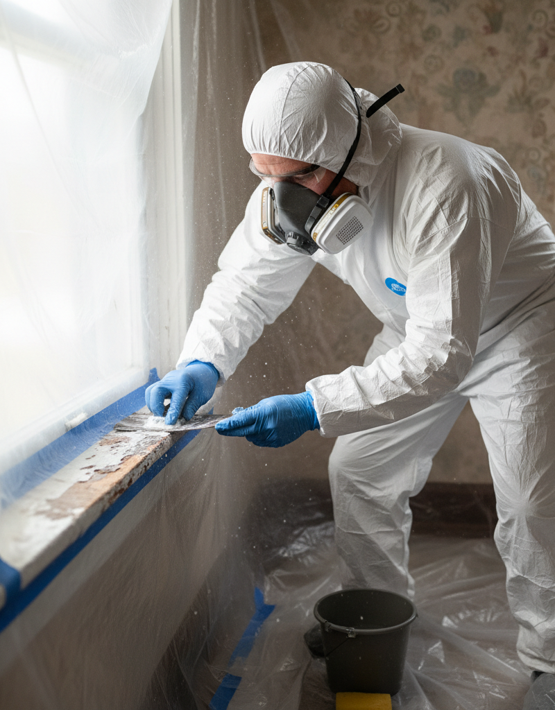 Homeowner in PPE wet sanding lead paint on a window sill in a pre-1978 house