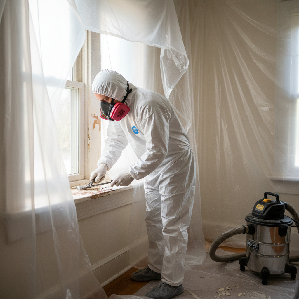 Homeowner safely removing lead paint from an old window sill with full protective gear.