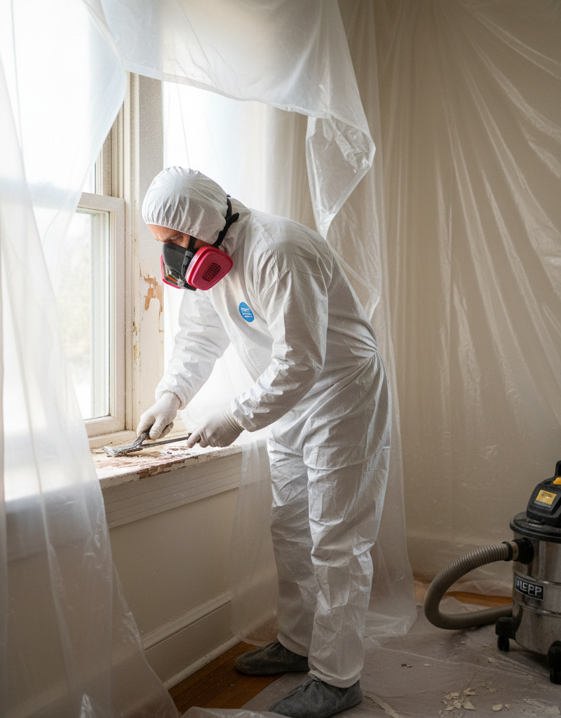 Homeowner safely removing lead paint from an old window sill with full protective gear.