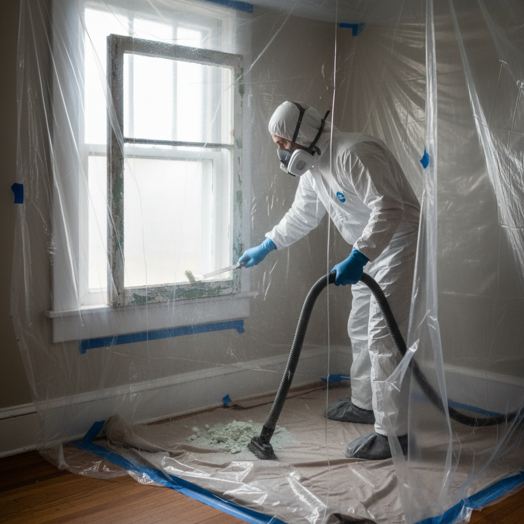 Homeowner in PPE carefully removing lead paint from a window frame.