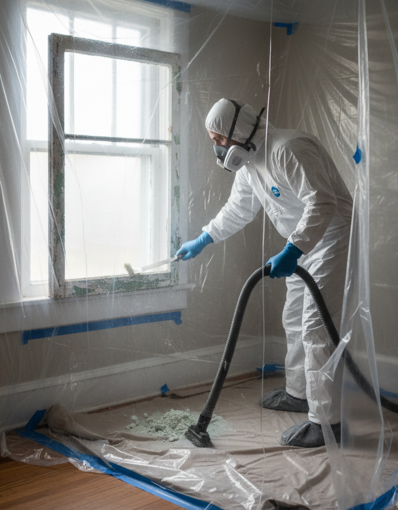 Homeowner in PPE carefully removing lead paint from a window frame.
