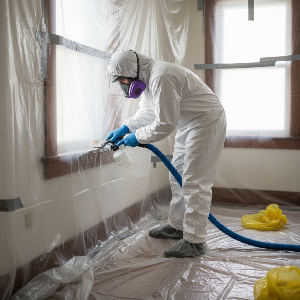 Homeowner in full PPE scraping lead paint from a window sill in a contained work area.