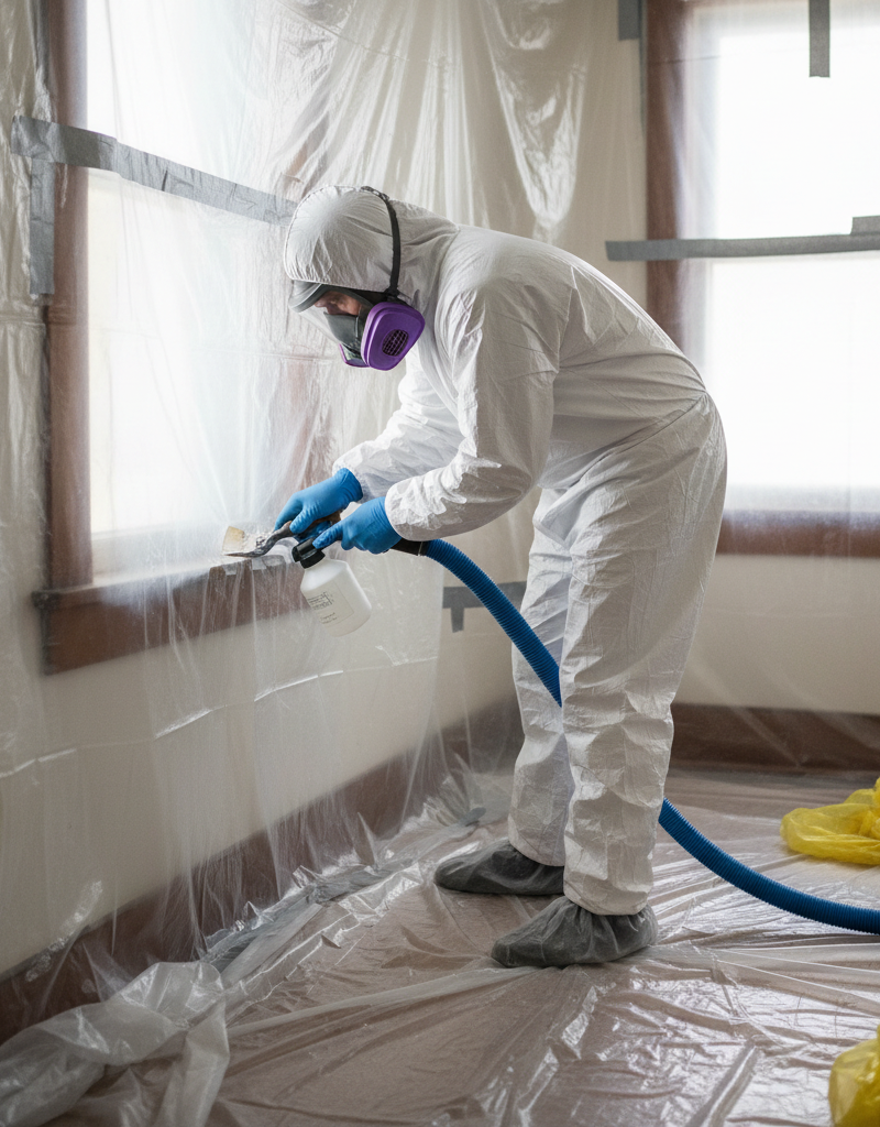 Homeowner in full PPE scraping lead paint from a window sill in a contained work area.