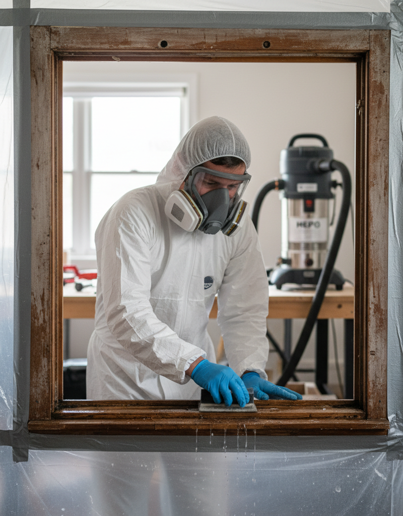 Homeowner safely wet-sanding a lead-painted window frame with proper PPE.