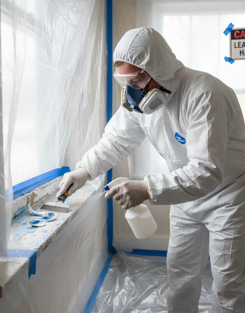 Homeowner safely scraping lead paint with full PPE in a sealed room