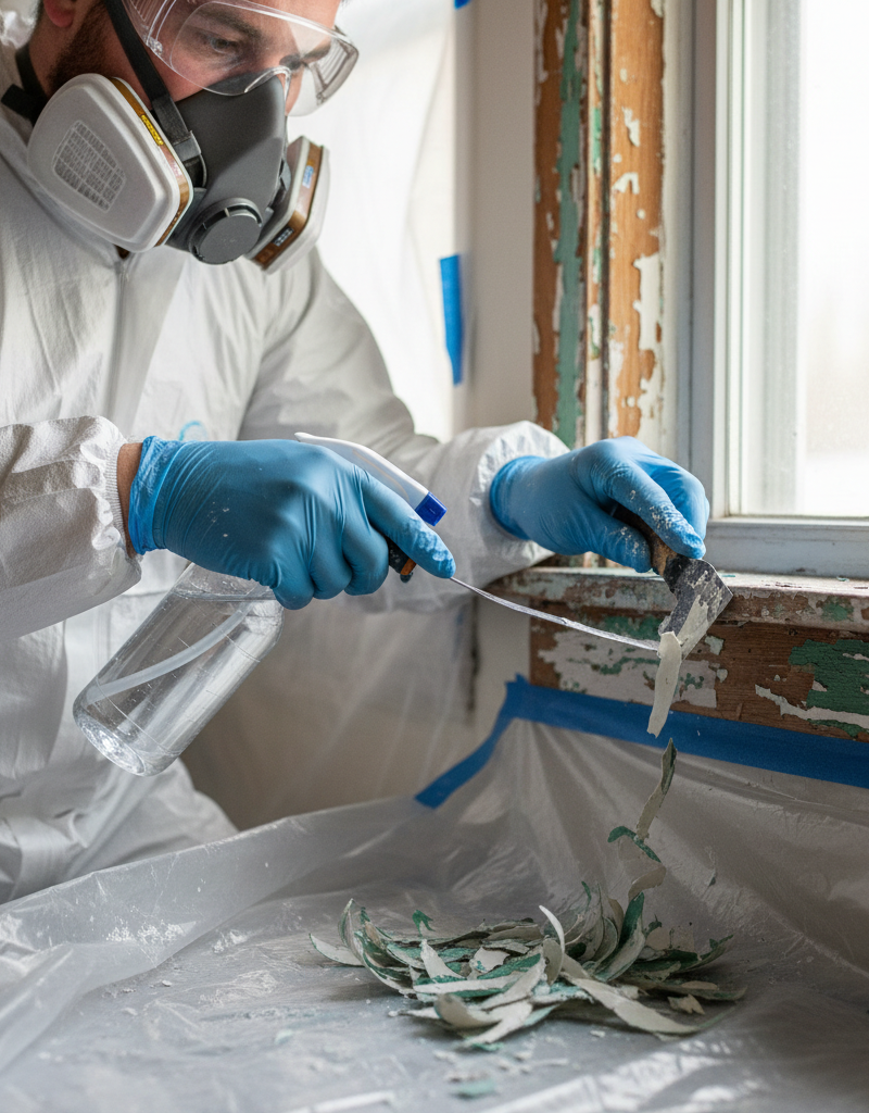Homeowner safely scraping lead paint from a window frame with a respirator and containment plastic.
