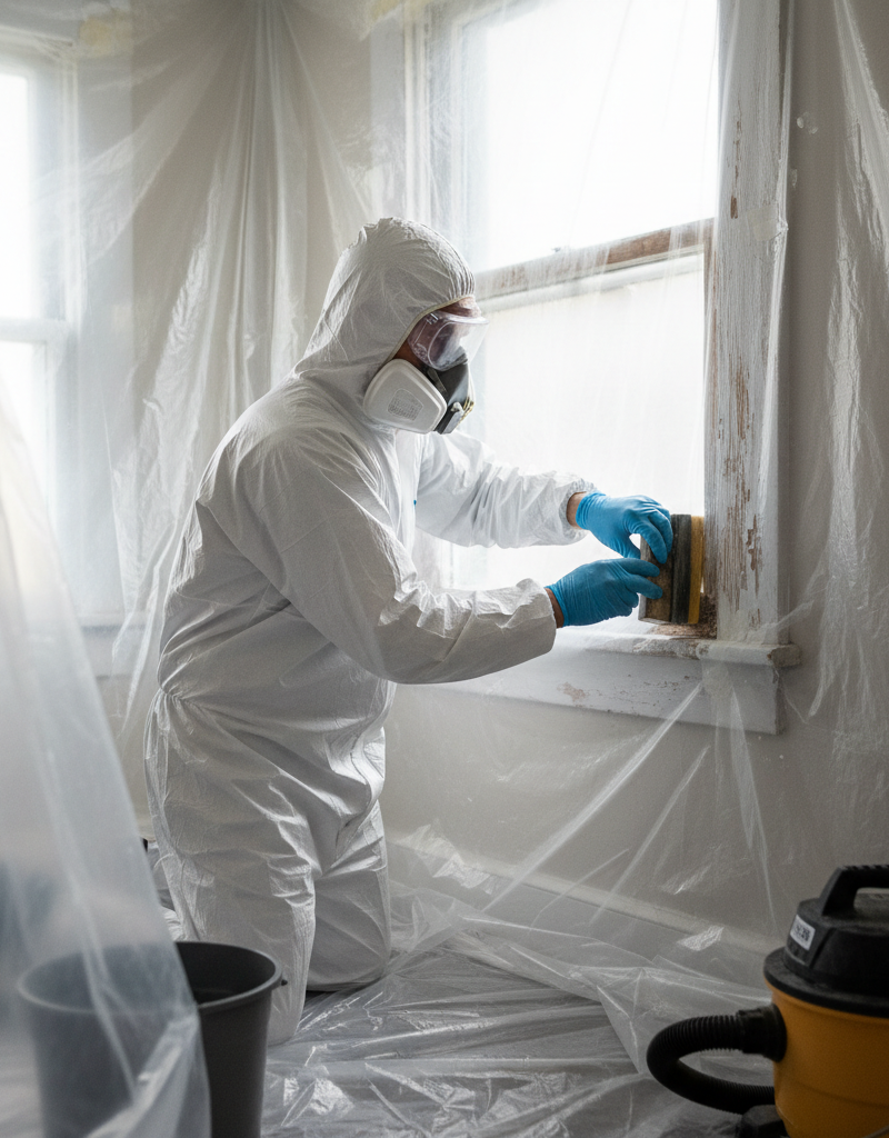 Homeowner in full protective gear wet-sanding a window frame to safely remove lead paint.