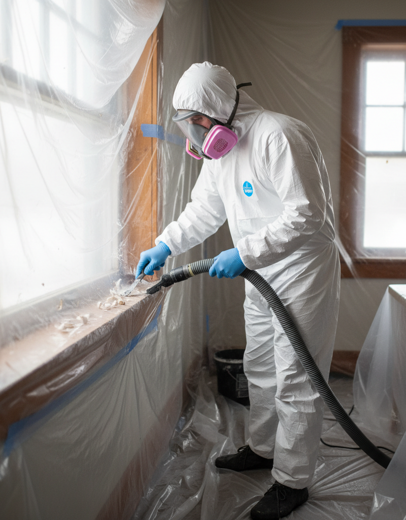Homeowner in PPE safely scraping lead paint from a window sill.