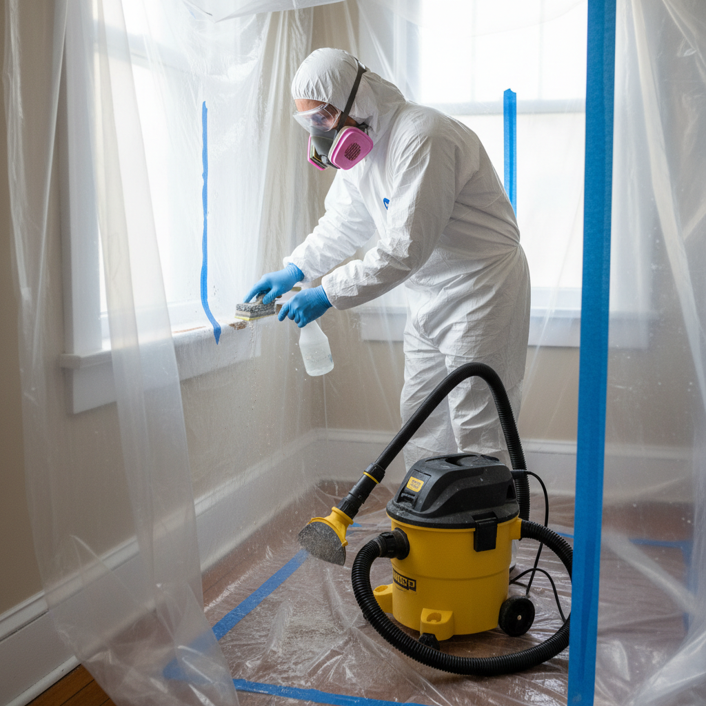 Homeowner safely wet-sanding lead paint on a window sill with full PPE and containment.
