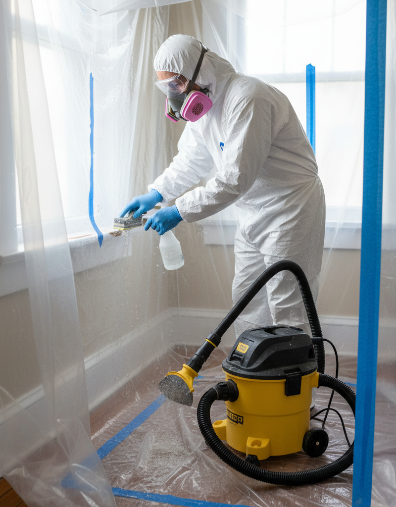 Homeowner safely wet-sanding lead paint on a window sill with full PPE and containment.