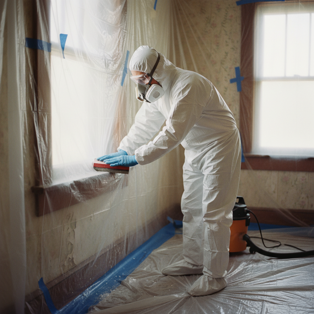 Homeowner in full protective gear wet sanding lead paint on an old window sill, work area sealed with plastic.