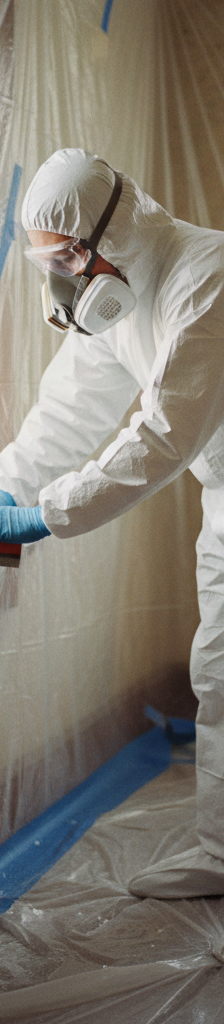 Homeowner in full protective gear wet sanding lead paint on an old window sill, work area sealed with plastic.