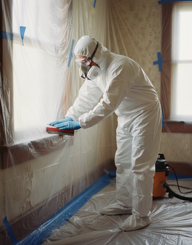 Homeowner in full protective gear wet sanding lead paint on an old window sill, work area sealed with plastic.
