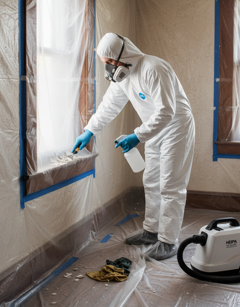Homeowner safely removing lead paint from a window sill in a sealed-off work area.