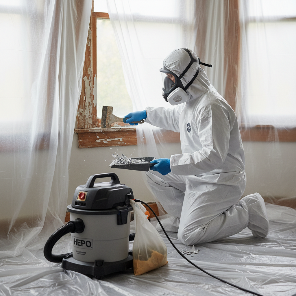 Homeowner safely removing lead paint from an old window frame