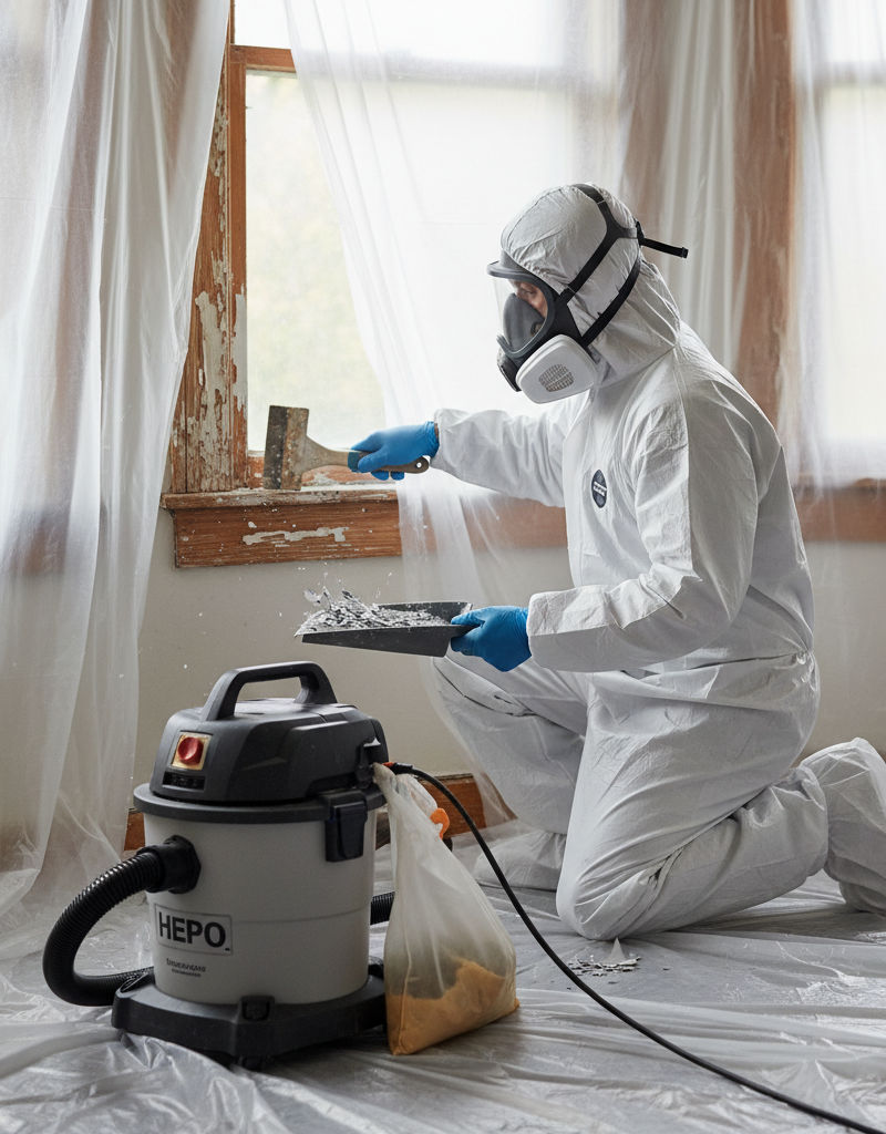 Homeowner safely removing lead paint from an old window frame