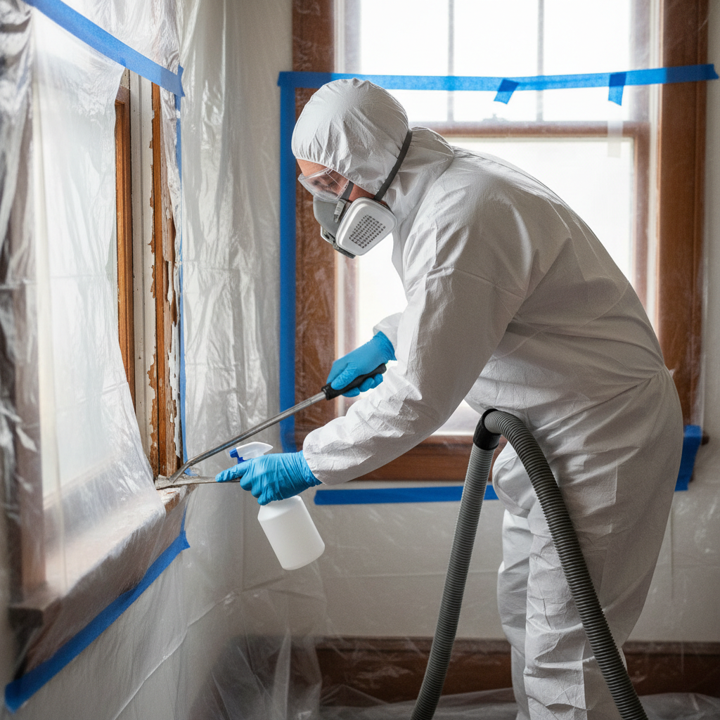 Homeowner in PPE scraping lead paint from window during renovation
