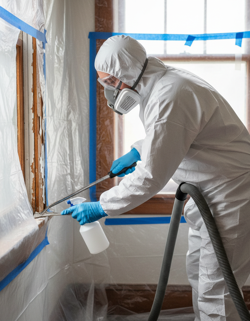 Homeowner in PPE scraping lead paint from window during renovation