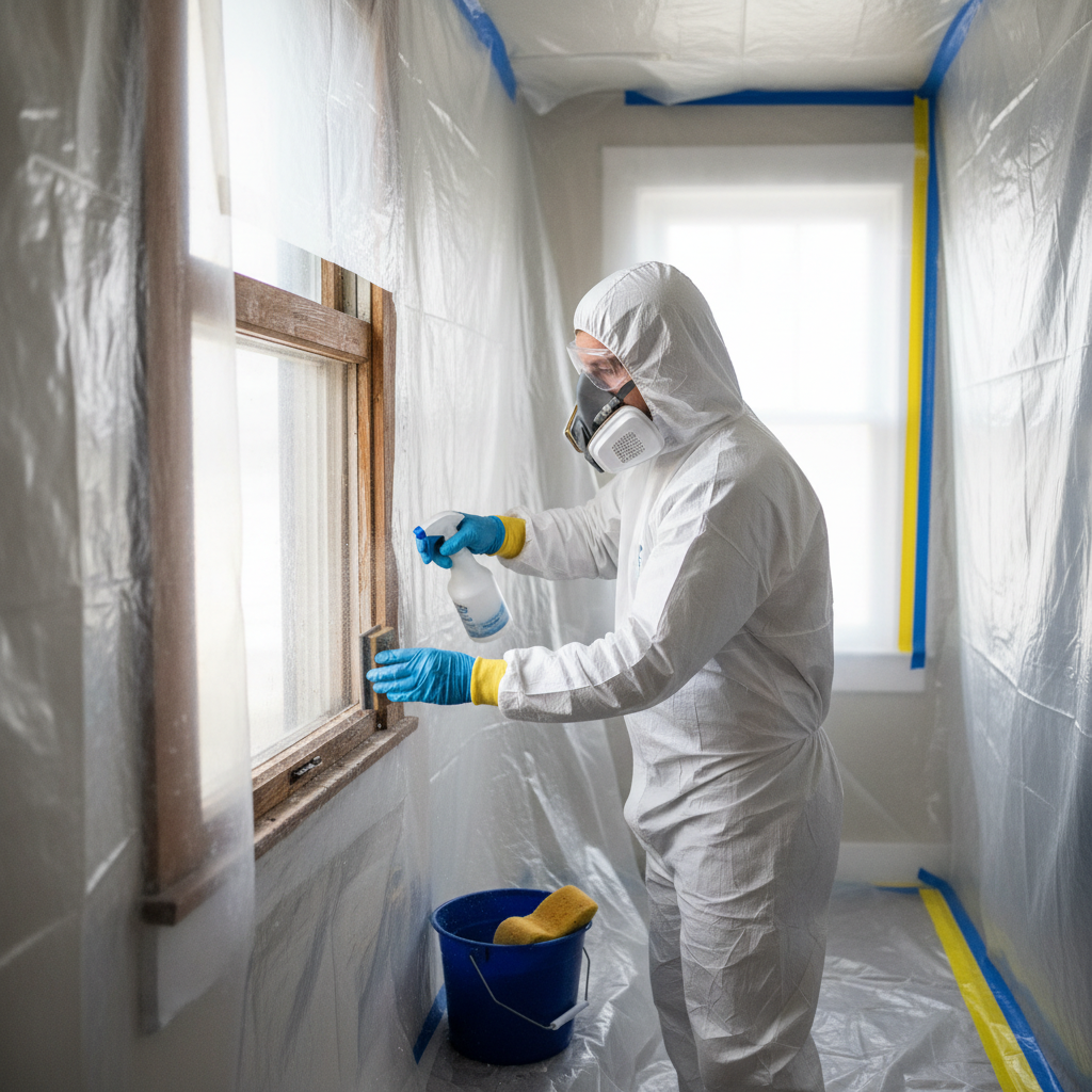 Homeowner in full protective gear wet-sanding an old window frame to safely remove lead paint.