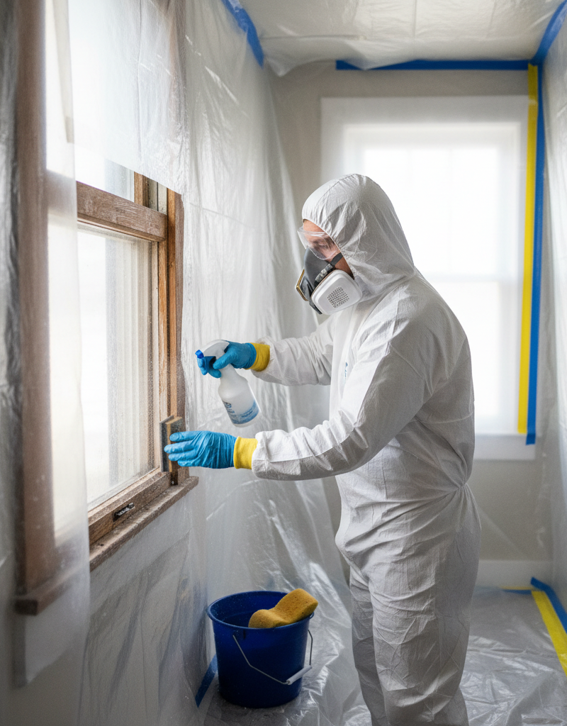 Homeowner in full protective gear wet-sanding an old window frame to safely remove lead paint.