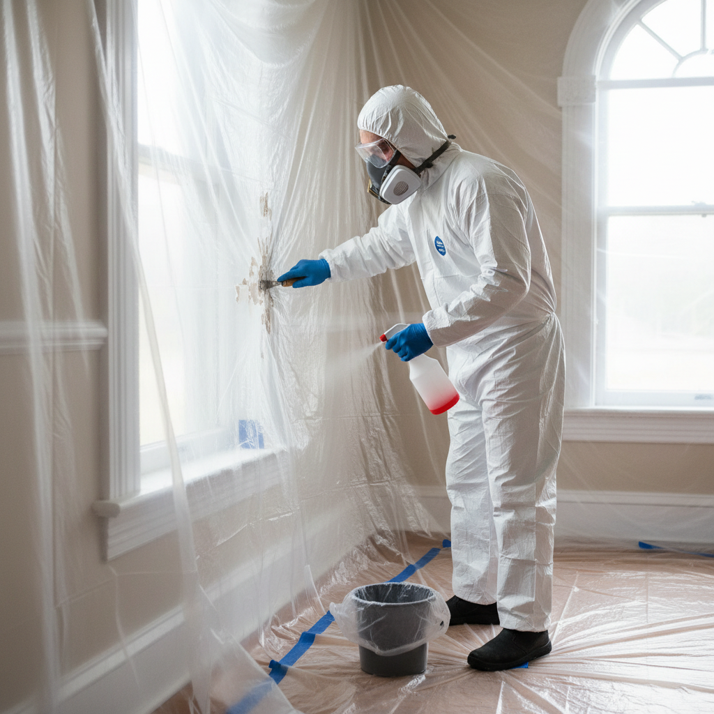 Homeowner in full PPE scraping old paint from a window, emphasizing lead paint safety.