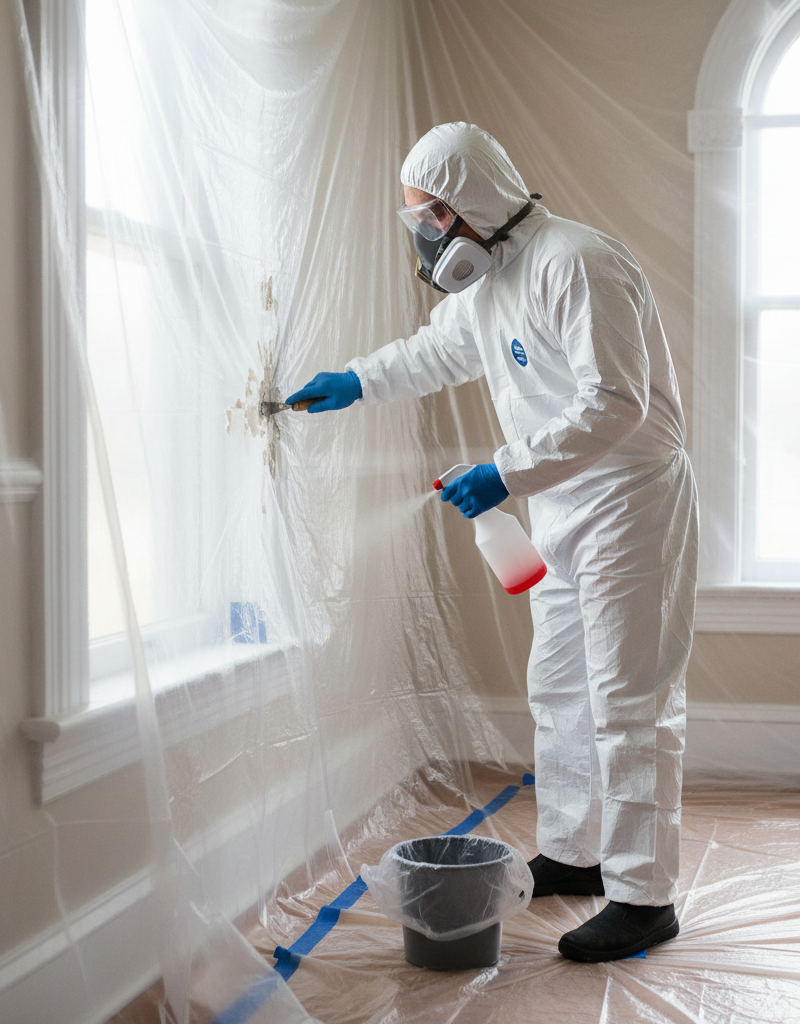 Homeowner in full PPE scraping old paint from a window, emphasizing lead paint safety.