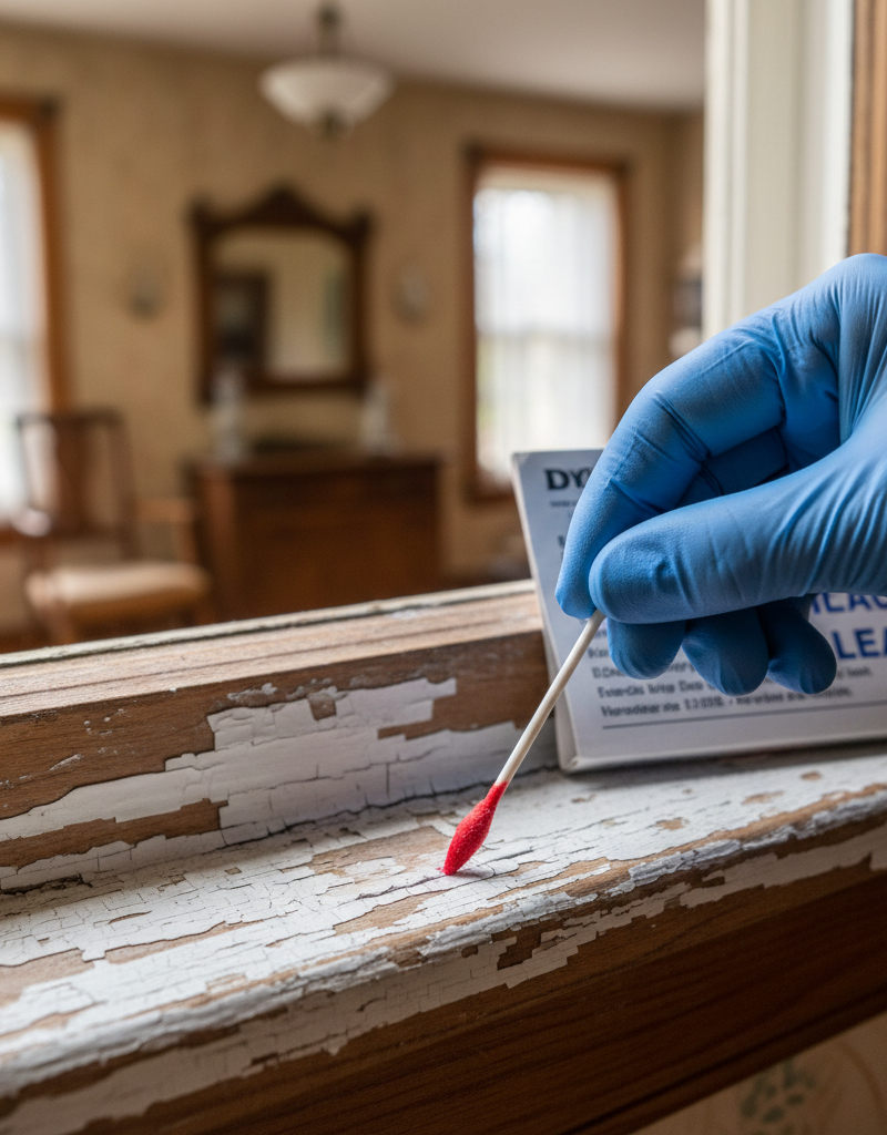 Homeowner using a lead paint test kit on an old, peeling white window sill in a pre-1978 home, showing a positive result.