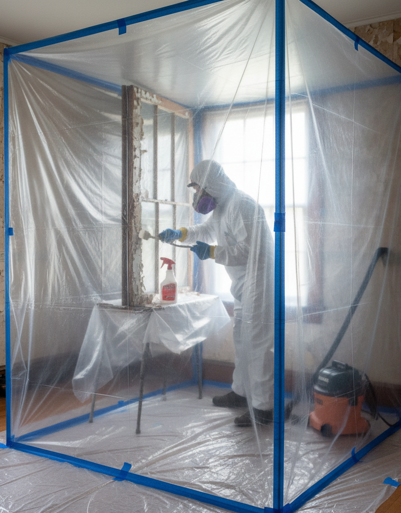 Homeowner safely scraping lead paint with a P100 respirator and full containment.