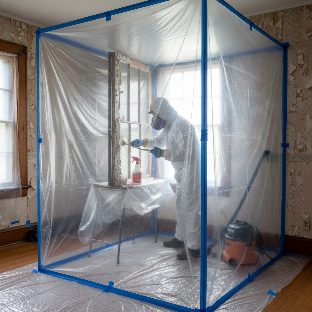 Homeowner safely scraping lead paint with a P100 respirator and full containment.