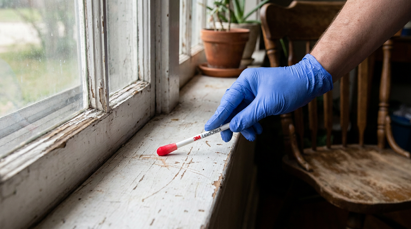 Testing a painted window sill for lead paint with a home test kit which is showing a positive red result.