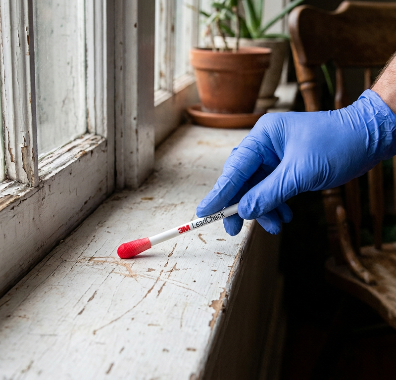 Testing a painted window sill for lead paint with a home test kit which is showing a positive red result.